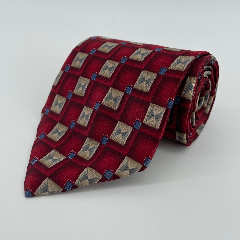 Jos. A. Bank Men's Red Geometric Square Pattern Silk Necktie Hand Sewn USA